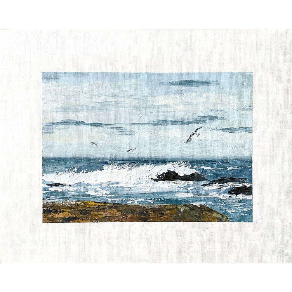 8x10 Original Oil Painting Seascape Birds Ocean Waves Coastal Art Summer Signed